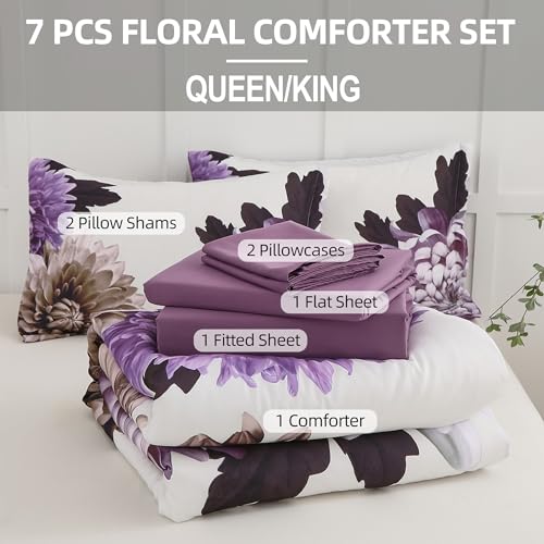 DJY Purple Comforter Set King, 7 Piece Floral Comforter Set with Sheets Elegant Flower Print Bed in a Bag Soft Microfiber Complete Bedding Set for All Season DJY