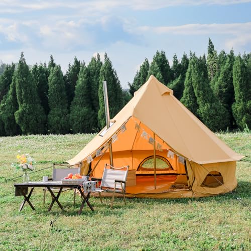 WaldZimmer Canvas Bell Tent 10ft Ginger with Stove Jack and Zipped Removable Floor, Luxury Outdoor Glamping Yurt Cotton Tent for Family Truck Car Camping Hunting Party WaldZimmer