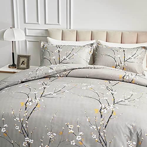 UOZZI BEDDING Gray Twin Size Duvet Cover Set with 2 Pillow Shams-Gray Branch Style 800 TC Zipper Closure 4 Corner Ties Adult Men Women Style Dots Floral White Tree Style Reversible Design UOZZI BEDDING