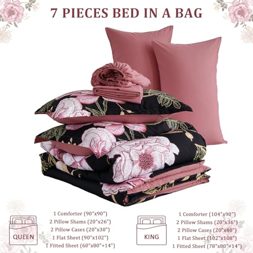 Luxudecor Floral Queen Comforter Set 7 Pieces Bed in a Bag, Pink Flower Print on Black Bedding Set, Soft Reversible Comforter with Sheet Set 90"x90" Luxudecor