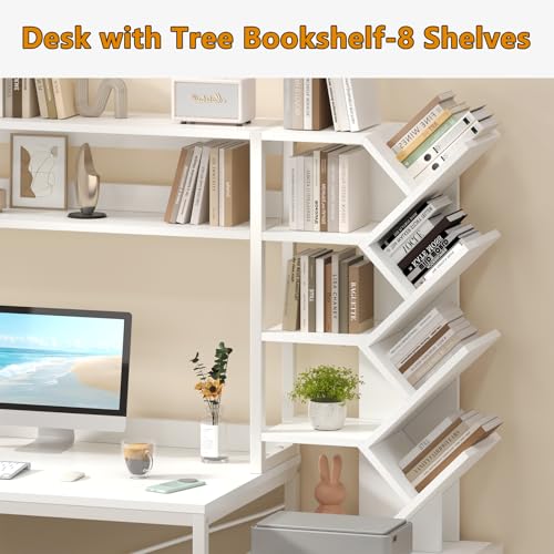 YOMILUVE Reversible Computer Desk with Hutch, Home Office Desk with Drawers and Bookshelf, 52'' Study Writing Desk with Storage Shelves for Bedroom Home Office, White YOMILUVE