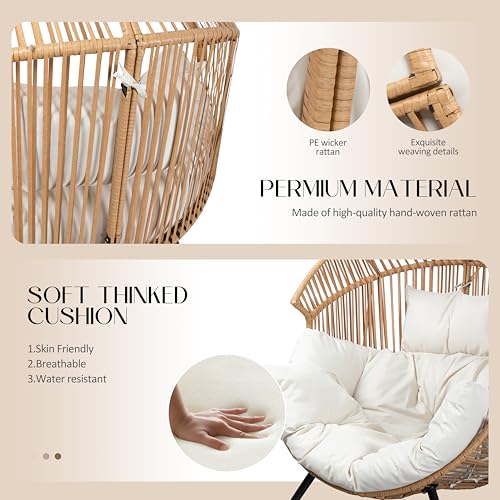 JAMFLY Egg Chair Wicker Outdoor Chairs, Oversized Patio Chair Oversized Lounger Chair with Cushion for Indoor Living Room, Bedroom, Outside Patio Backyard Balcony, Creamy White