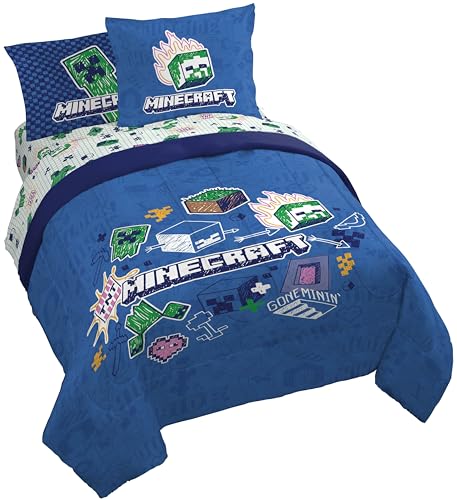 Jay Franco Kids Comforter Set Includes Sheets and Pillow Covers - Soft and Cozy Bed Set for Stylish Room Decor, Blue - Minecraft 02, 7 Piece Queen Bedding Jay Franco