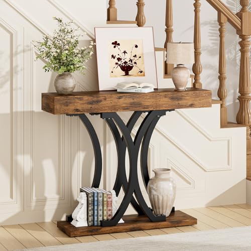 JUSTOGO 43.3" Console Table for Entryway, Industrial Sofa Table Entryway Table, Narrow Wood Accent Tables X-Shaped Metal Hallway Table for Living Room, Small Spaces, Entrance, Foyer, Rustic Brown JUSTOGO