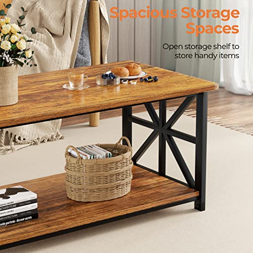 GreenForest Coffee Table with Round Corner, Farmhouse Center Table with 2-Tier Storage Shelf X-Frame Design for Living Room, 39 inch Walnut GreenForest