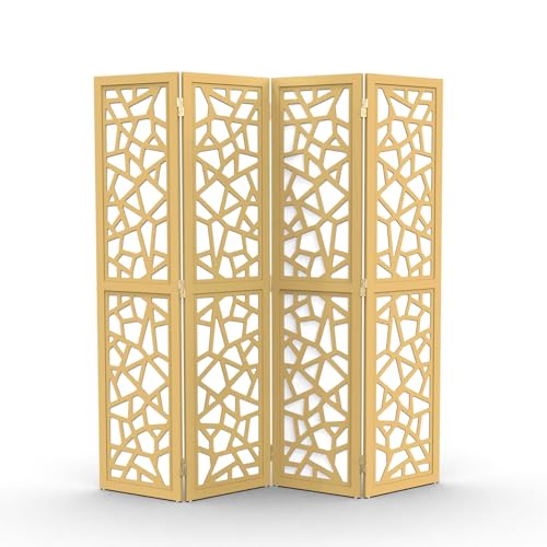 VINGLI 70'' H Room Divider, Non-Woven Fabric Privacy Screen, Indoor Partition Wall Dividers, Freestanding Hinged Space Separator with Modern Unique Pattern (Gold, 4 Panel) VINGLI