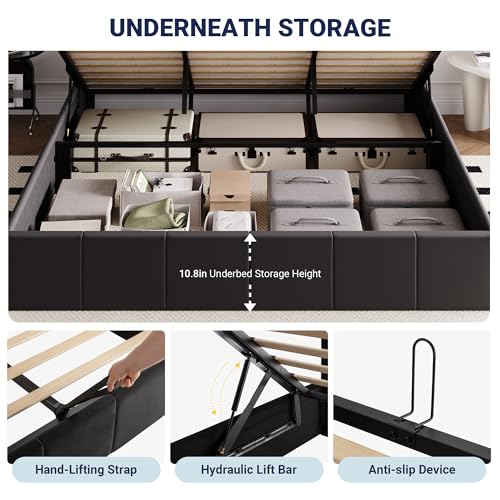 Allewie King Size Velvet Lift Up Storage Bed Frame, Vertical Channel Tufted Headboard, Hydrualic Underneath Storage, Upholstered Platform Bed, Wooden Slats Support, No Box Spring Needed, Black Allewie