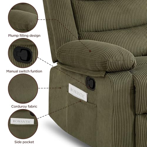 360° Swivel Rocker Recliner Chair for Adults, Nursery Manual Reclining Chair with Arms and Back, Upholstered Glider Rocking with Side Pockets for Living Room, Bedroom Nursing use, Corduroy, Green