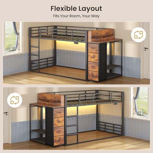 ADORNEVE Low Bunk Bed Twin Over Twin with Bookshelf, 4 Storage Drawers, Metal Kids Bunk Bed with Power Outlet & RGB Lights, Clothing Rack & Shelves, Safety Guardrail & Ladder, Black ADORNEVE