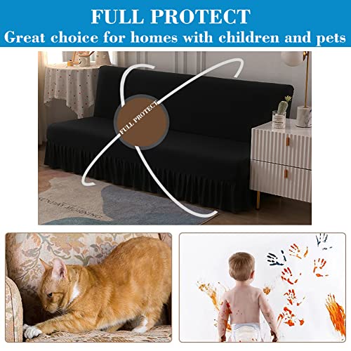 Futon Cover-Stretch Armless Futon Covers Full Size With Skirt Ruffled Futon Sofa Cover Washable Folding Sofa Bed Cover Soft Futon Couch Cover Slipcover With Elastic Bottom For Kids,Pets(Black) ANWUCHEN