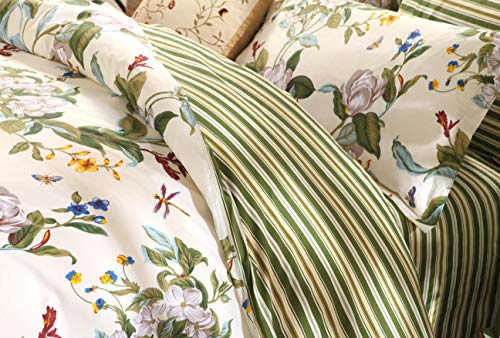 FADFAY Floral Duvet Cover Set 100% Cotton Green Striped and Beige Bedding White Flower Branches Print 600 TC Soft Reversible Zipper Bed Cover & 2 Pillowcases,King/Cal King(106x92) FADFAY
