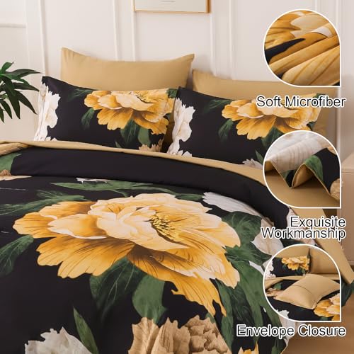 Dobuyly King Size Comforter Set 7 Piece Bed in a Bag, Yellow Brown Floral Printed on Black Comforter Set with Sheets, Soft Microfiber Botanical Boho Complete Bedding Set for All Season Dobuyly