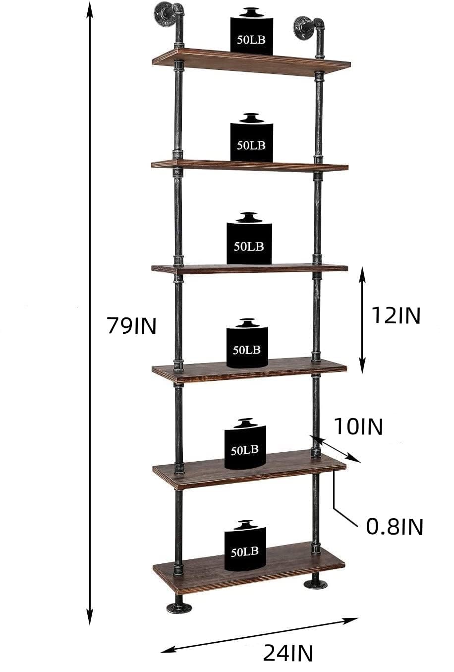 BOSURU Industrial Pipe Bookshelves Rustic Wood Ladder Bookshelf, Industrial Pipe Shelf for Living Room Decor and Storage,Bookcase(Only One Shelf) BOSURU