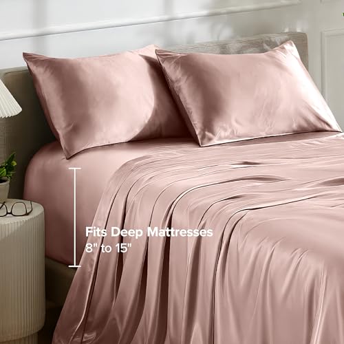 Bare Home Poly Satin Sheet Set - Twin Extra Long - Luxury Soft and Smooth Satin - for Hair and Skin - Breathable - Similar to Silk - Deep Pocket up to 15” - Bedding Sheet Set (Twin XL, Blush) Bare Home