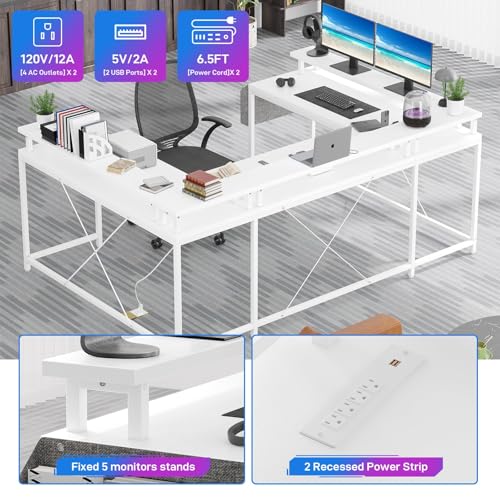 U Shaped Desk, 79" Reversible L Shaped Desk and Long Gaming Desk with Storage Shelf & Power Outlets & LED Lights, Corner Computer Desk with Monitor Stand and Side Storage Bag for Home Office, White TROPOW