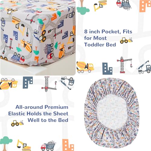 lasoftan Construction Toddler Bedding Set for Boys, 4 Piece Bed-in-a-Bag Toddler Comforter Sets, Excavator, Cars Printed, Super Soft and Comfortable Microfiber Todeeler Bed Set lasoftan