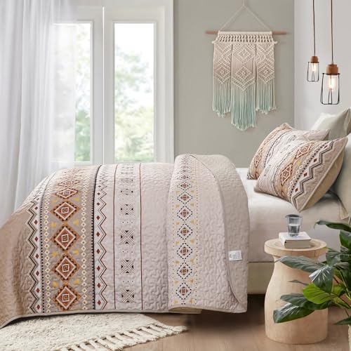 WONGS BEDDING Boho Beige Quilt Set Queen Size,Geometry Printed Bedspread Coverlet Set with 2 Pillowcases,Soft Bohemian Bedding Set Queen 96"×90" WONGS BEDDING