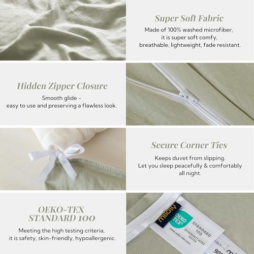 MILDLY Super Soft Duvet Cover - 100% Washed Microfiber October Mist Sage Comforter Cover Set 3 Pieces with Zipper Closure & Corner Ties (No Comforter) MILDLY