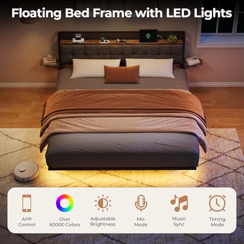 Salamir Queen Floating Bed Frame with LED & Charging Station, Ergonomic Upholstered Headboard with Folding Shelves Storage, Metal Slats Support, No Box Spring Needed, Easy Assembly, Noise-Free, Grey Salamir