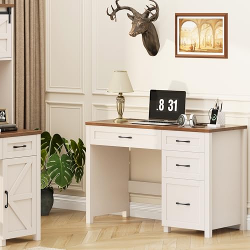 Halitaa Farmhouse 47" Executive Desk, Computer Desk with File Drawer and Charging Station, Workstation for Study, Home Office, Unique White. Halitaa
