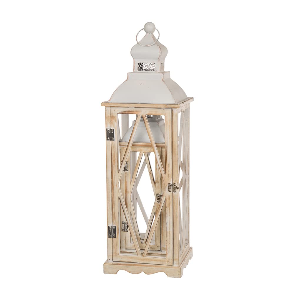 Glitzhome Farmhouse White Wood Metal Lanterns Decorative Hanging Candle Lanterns Set of 2 Glitzhome