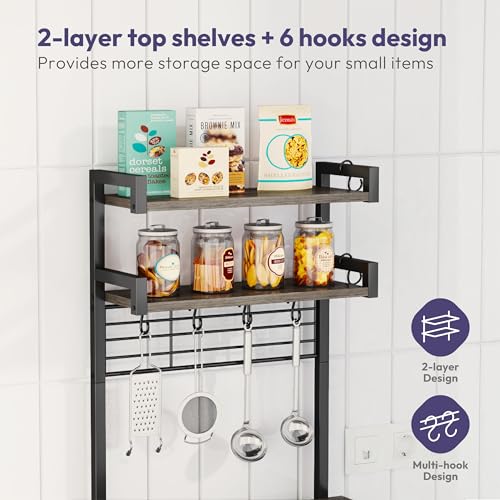 SWTYMIKI Coffee Bar Station Rack - Bakers Rack Corner Coffee Stand Station, Bar Cabinet for Kitchen with Hooks Grey
