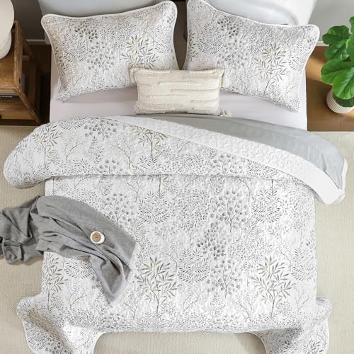 WONGS BEDDING Floral Quilt Set Queen Size, 3 Pieces Botancial Bedspread Coverlet Set, Bamboo Leaves Pattern Soft Lightweight Farmhouse Flower Bedding Set for All Season (96"x90") WONGS BEDDING
