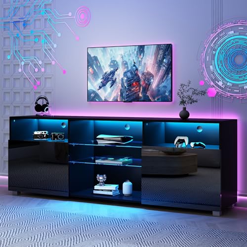 SUSSURRO LED TV Stand for 60/65 inch TV, Television Table Center Media Console with Drawer and Led Lights, High Glossy Modern Entertainment Center for Living Game Room Bedroom, Black SUSSURRO