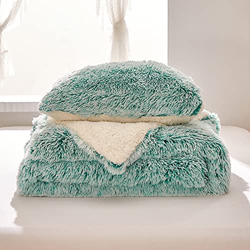 Flysheep Luxury Faux Fur Shaggy Fluffy Comforter Set Twin Size Mixed Aqua and White Long Hair, 3 Pieces Plush Flannel Sherpa Backing Reversible Soft Microfiber Bedding Set Super Warm for Winter Flysheep