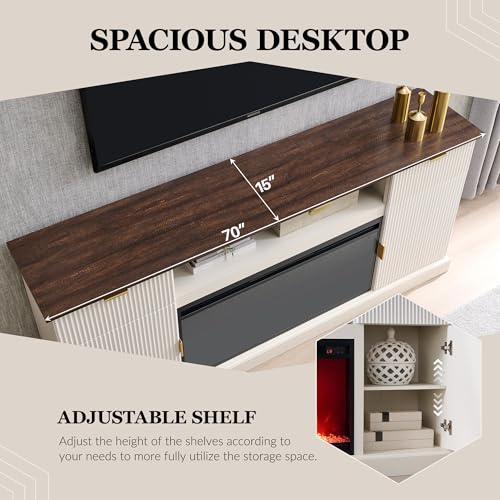 IFGET Fluted Fireplace TV Stand for TVs Up to 80 inch, Modern Entertainment Center with 36" Electric Fireplace, Wood Media Console w/Drawers and Adjustable Shelves for Living Room, Antique White IFGET