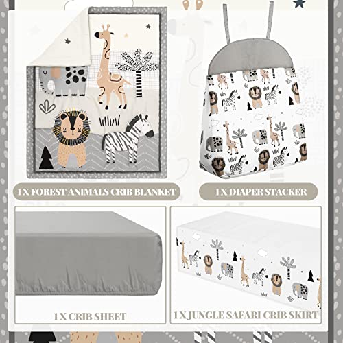 4 Piece Woodland Forest Animals Crib Bedding Set, Including Jungle Safari Crib Skirt, Blanket, Nursery Bed Sheet and Diaper Stacker, Soft Neutral Nursery Standard Size Baby Bedding for Baby Girls Boys Oudain