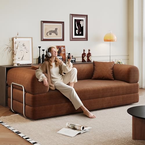 Ball & Cast 78.8" No-Assembly Compressed Sofa Bed, Convertible Floor Futon Couch with Pillow Backrest & Armrest, Boneless Modular Sleeper Sofa in Corduroy for Living Room Bedroom, Brown Ball & Cast