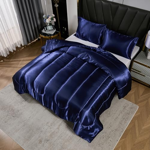 Satin Comforter Set King Silk Like Silky Bedding Set Luxury Hotel Silky Bed Home Deocr Navy Blue Soft Down Comforter Silky Quilt Set Bedding_Dreamer