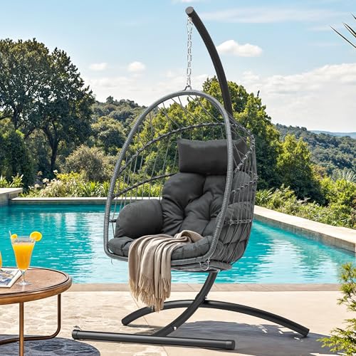 YITAHOME Hanging Egg Chair, Outdoor Patio Wicker Hammock Egg Chair Indoor with Cushion, Rattan Swing Chair 300lbs for Balcony, Garden Bedroom, Gray with Stand YITAHOME