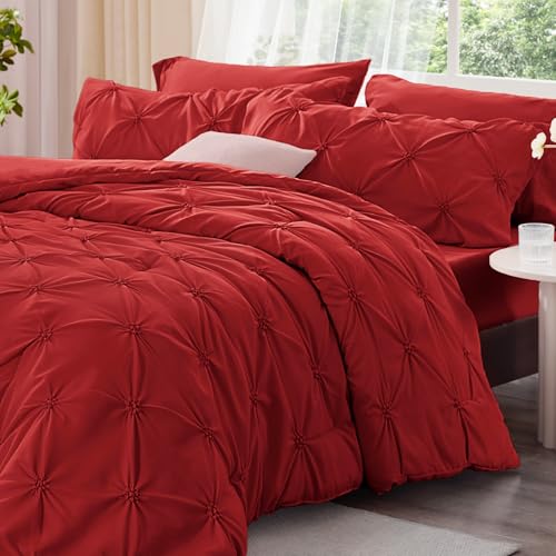BEDELITE Red Queen Comforter Set - 3 Pieces Boho Pintuck Bedding Comforter Sets, Lightweight Soft & Warm Bed Comforter Queen with 2 Pillowcases for All Season BEDELITE