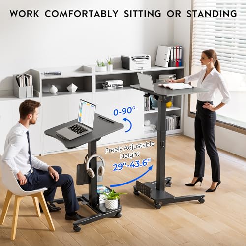 BONTEC Rolling Standing Desk, Tilting Desktop, Foot Pedal Height Adjustable, Small Mobile Portable Laptop Computer Workstation for Teacher Home Office with Storage Shelf, 2 Hooks, Wheels, Black BONTEC