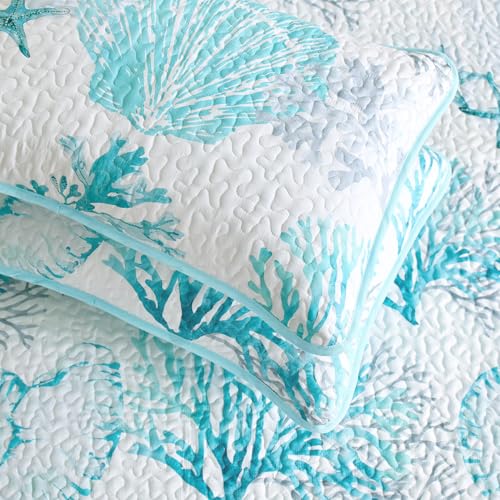 Wake In Cloud - Coastal Quilt Set, Nautical Ocean Beach Themed Tropical Summer Patterned, Reversible Lightweight Bedspread Coverlet, 3 Pieces, Aqua Turquoise, Twin/Twin XL Size Wake In Cloud