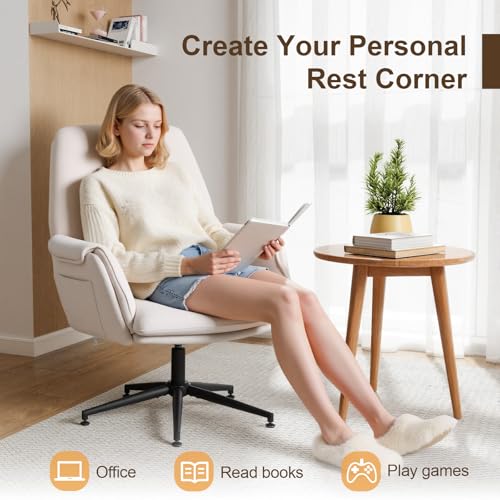 High Back Home Office Chair Without Wheels, Upholstered Fabric Desk Chair with Armrests, Ergonomic Swivel Computer Task Chair (White) Eronfrione