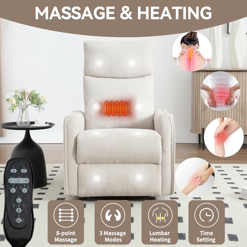 Kolavess Swivel Rocker Recliner Chair for Adults, Nursery Rocking Chair with Heat and Massage, Glider Reclining Chair for Small Space Living Room Bedroom, Beige