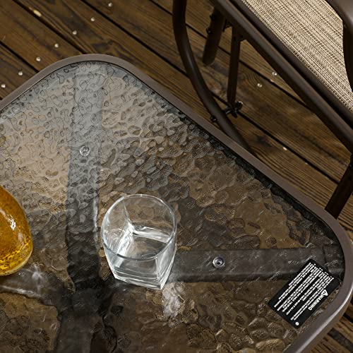 Outsunny 3 Piece Outdoor Glider Chair with Coffee Table Bistro Set, 2 Patio Rocking Swing Chairs with Breathable Sling Fabric, Glass Tabletop, for Backyard, Garden and Porch, Mixed Brown Outsunny