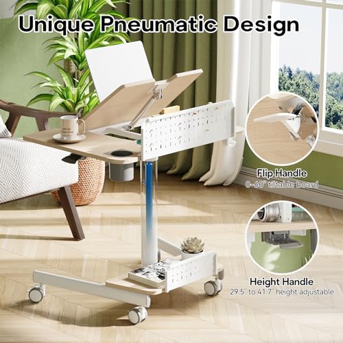 JOY worker Mobile Standing Desk with 60° Tiltable Desktop, 28" Height Adjustable Rolling Desk, DIY Pegboard & Storage Base, Portable Laptop Desk with 4 Lockable Wheels for Home Office, Oak JOY worker