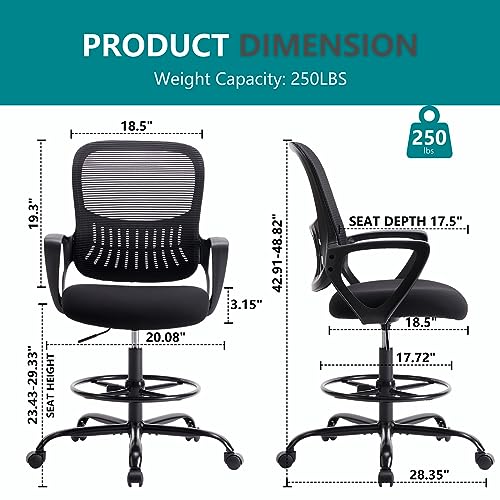 DUMOS Drafting Chair - Counter Height Adjustable Tall Office Desk Chair with Fixed Armrests and Comfortable Lumbar Support for Standing Desk, Deep Black DUMOS