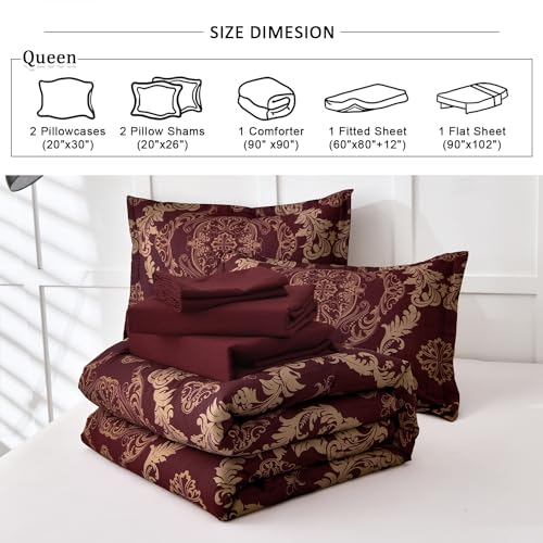 WONGS BEDDING Burgundy Comforter Set Queen Size, Maroon Damask Texture 7 Pieces Bed in a Bag Microfiber Comforter Bedding Sets -1 Comforter, 1 Flat Sheet, 1 Fitted Sheet, 2 Pillow Shams, 2 Pillowcases WONGS BEDDING