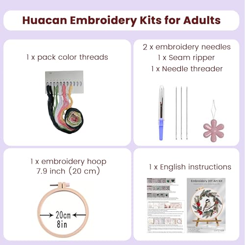 Huacan Embroidery Kits for Adults Beginner DIY Cross Stitch Stamped Christmas Pattern Stitching Wreath Sewing Kit 1 Piece 7.8 x 7.8 Inch