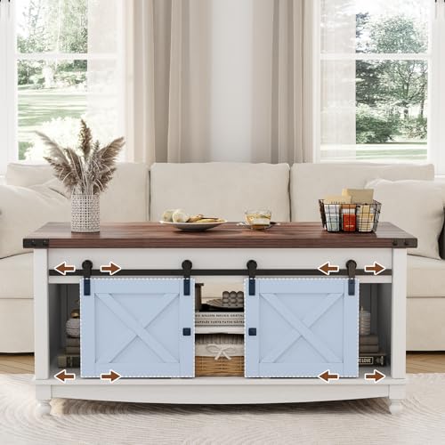ALLSTAND 48" Farmhouse Lift Top Coffee Table with Storage Sliding Barn Door & Large Hidden Compartment, Coffee Table with Lifting Top with Wooden Lift Tabletop, Storage Coffee Table for Living Room ALLSTAND