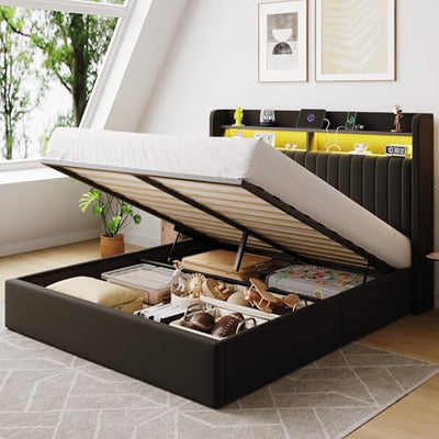 SHA CERLIN Queen Size Lift Up Storage Bed Frame/LED Lights/Charging Station/2-Tier Shelves Headboard/USB,Type-C Ports/Velvet Upholstered/Hydraulic Support/No Box Spring Needed/Noise Free/Black