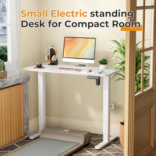 JOY worker Small Electric Standing Desk, 40" x 20" Whole Glass Piece Height Adjustable Desk with Memory Controller, White Sit to Stand Desk Workstation for Home Office JOY worker