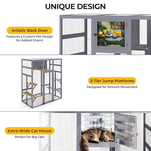COZIWOW Large Outdoor Cat Cage with Insulated Cat House, 3-Tier Jump Platform, PVC Weatherproof Cover, Removable Cushion, DIY Art Back Door, Wooden Construction, Fits Big Cats, 62.6 x 32.3 x 70 Inches COZIWOW