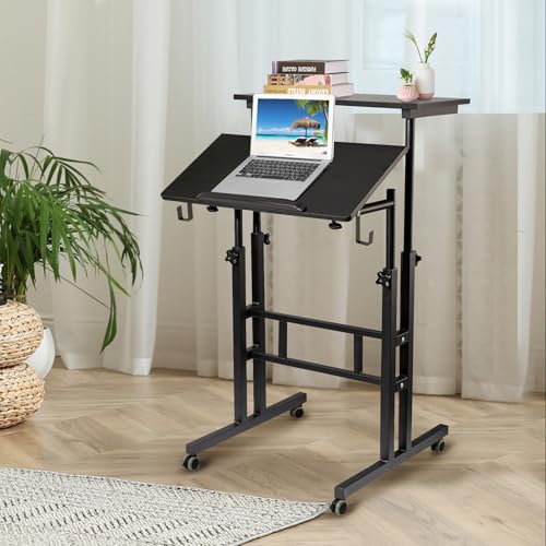 SIDUCAL Mobile Standing Desk, Portable Stand Up, Small Adjustable Converter with Wheels Home Office Workstation, Rolling Desk Laptop Cart for Standing or Sitting, Black SIDUCAL