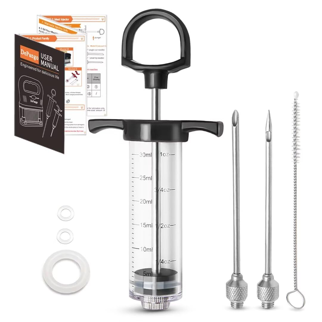DePango Meat Injector, Anti-Break 1-oz Turkey Injector Syringe for Meats with 2 Stainless Steel Meat Needles, Crack-Proof Plastic Marinade Flavor Injector for BBQ Smoker, Steak, Pork and Chicken DePango
